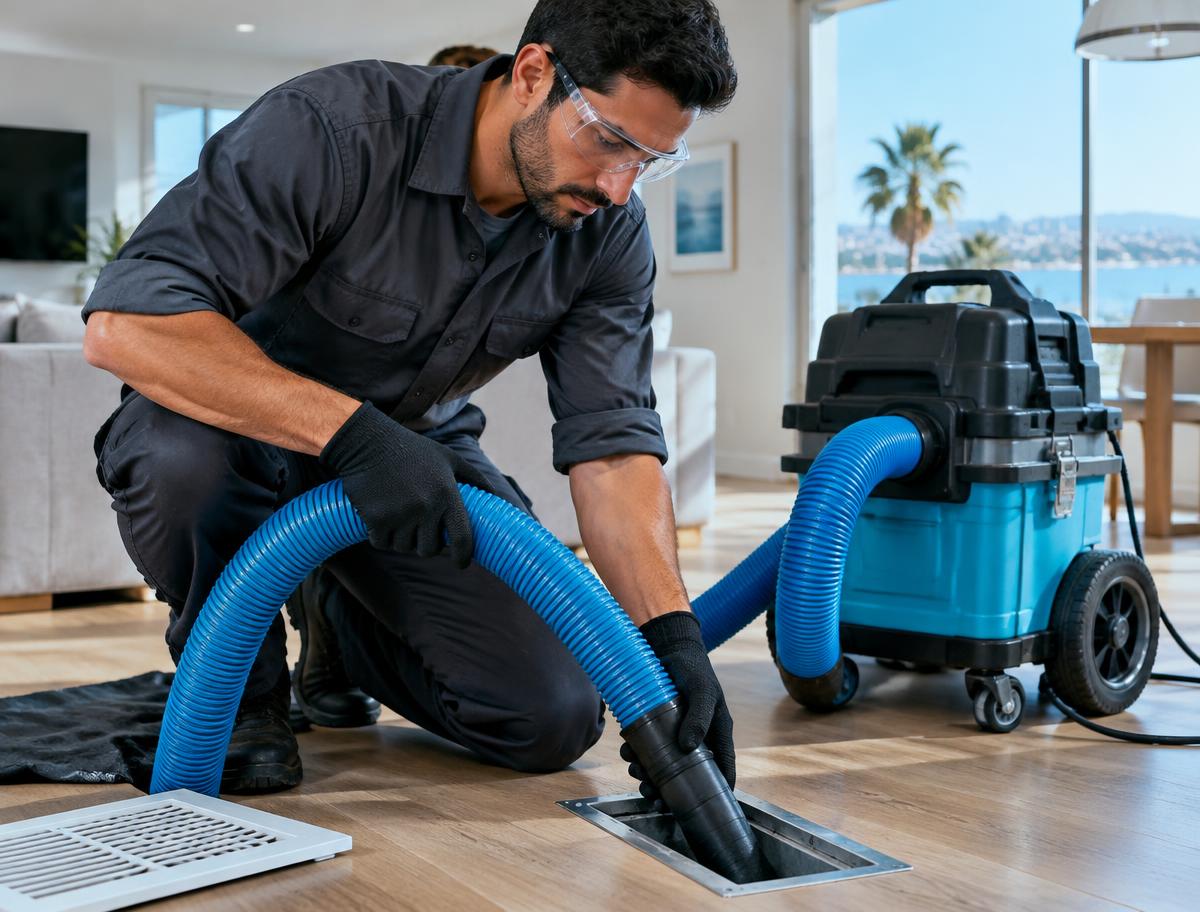 Technician professionally cleaning a residential air duct